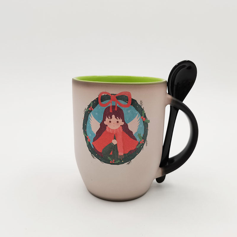 Wholesale Custom 11oz Custom Light Green Sublimation Photo Ceramic Magic Color Changing Spoon Coffee Mug